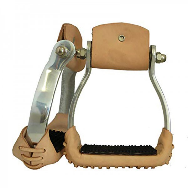 Aluminum Barrel Racing Stirrups Leather Tread with Stitched on Rubber Pad